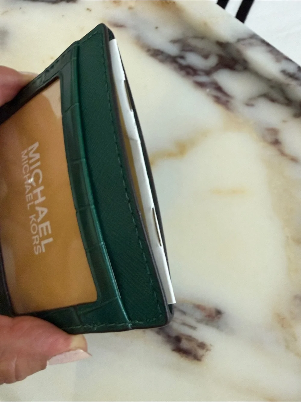 Michael Kors Green Croc-Embossed Leather Card Case with Gold Logo